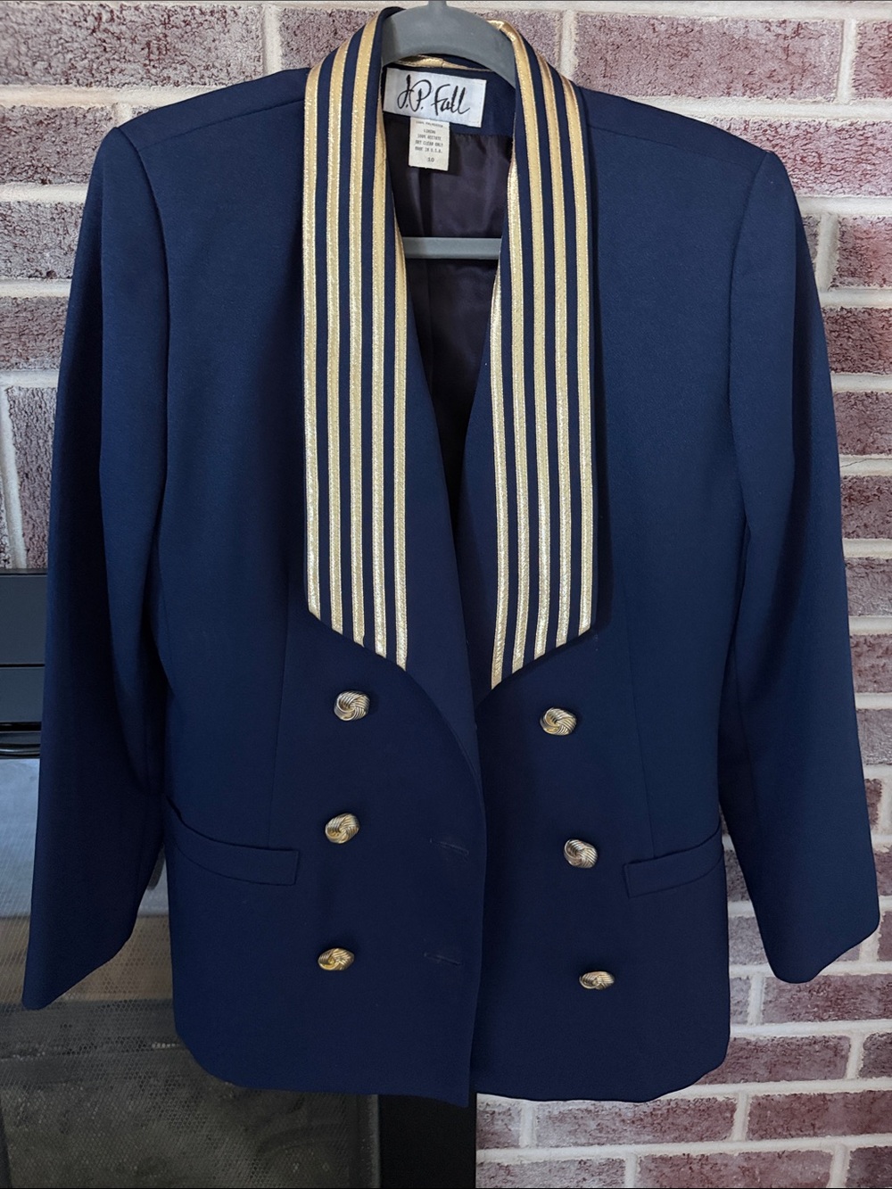 Vintage Navy Double-Breasted Blazer with Striped Gold Trim